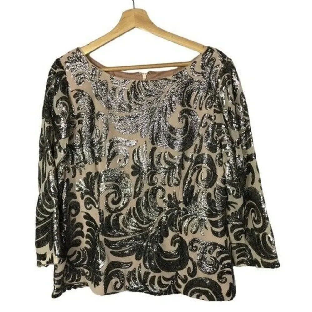 Adrianna Papell Beige & Blue Glitter Swirl Print Long Sleeve Blouse M